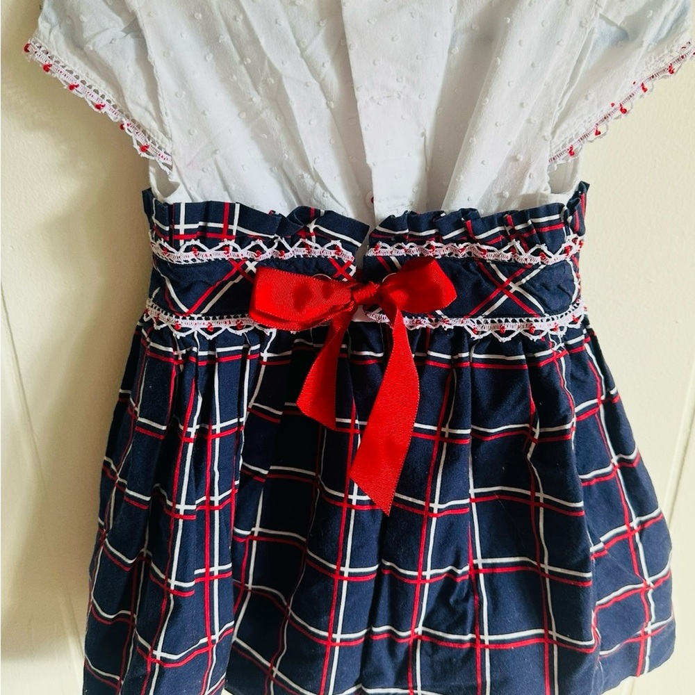 Navy Blue Plaid Kids Formal Dress with Red Bow - Picture 4 of 5